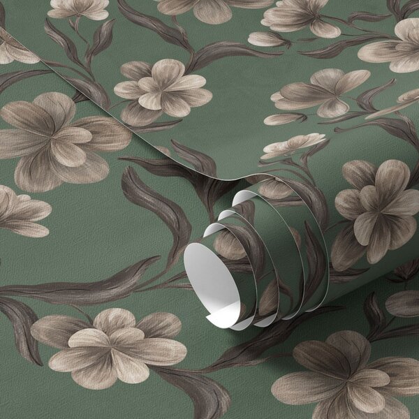 Tapet Flori bej pe un fundal verde intens, Tapet flori, a00626v3 : Uwalls.ro