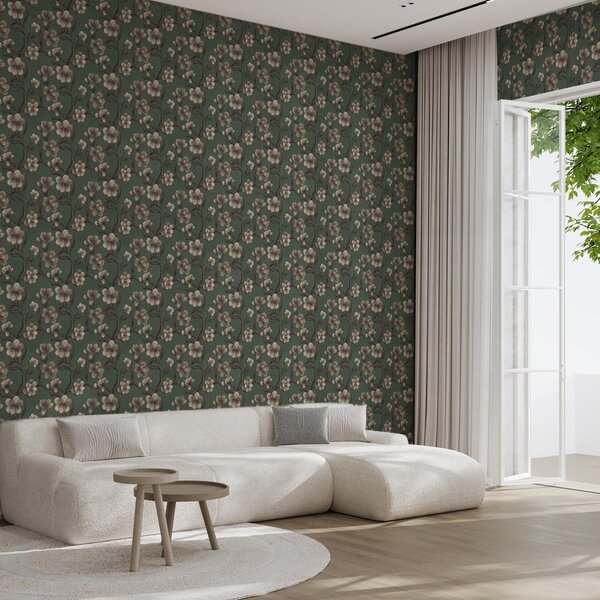 Tapet Flori bej pe un fundal verde intens, Tapet flori, a00626v3 : Uwalls.ro