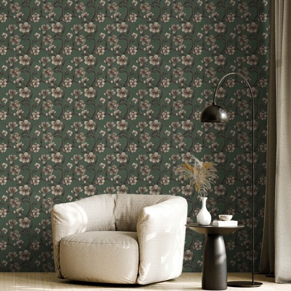 Tapet Flori bej pe un fundal verde intens, Tapet flori, a00626v3 : Uwalls.ro