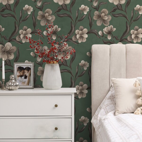 Tapet Flori bej pe un fundal verde intens, Tapet flori, a00626v3 : Uwalls.ro