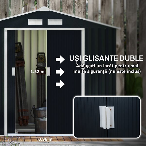 Outsunny Casuta de Gradina, Magazie de Depozitare, sopron pentru Unelte din Tabla de Otel, cu Usi glisante, Gri | Aosom Romania