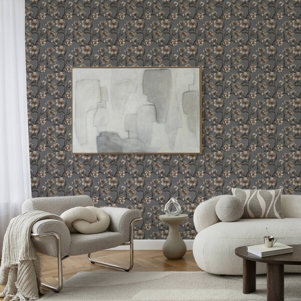Tapet Flori bej pe fond gri grafit, Tapet flori, a00626v4 : Uwalls.ro