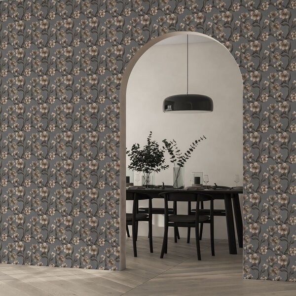 Tapet Flori bej pe fond gri grafit, Tapet flori, a00626v4 : Uwalls.ro