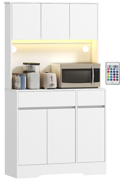 HOMCOM Bufet de bucătărie mobilier de bucătărie înălțat cu lumină LED RGB, blat de lucru, 6 uși, 2 sertare, alb | Aosom Romania
