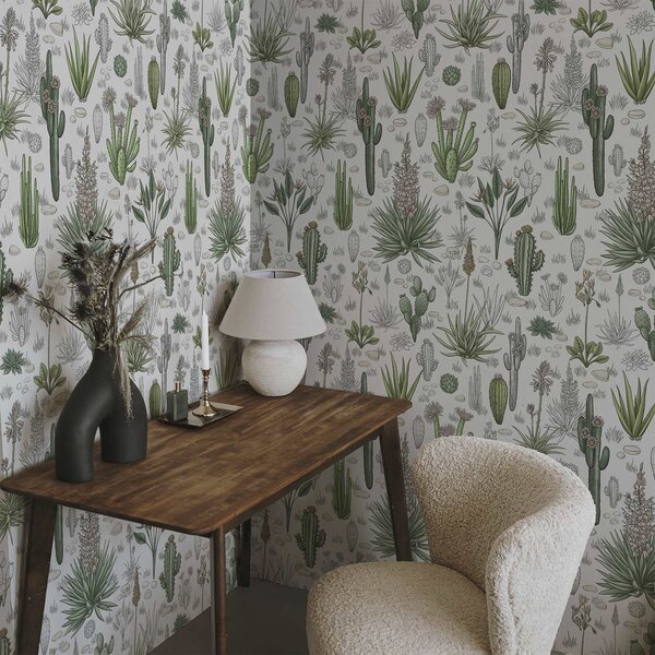 Tapet Cactuși și plante suculente pe un fundal deschis, stil liniar, Tapet flori, a00666v1 : Uwalls.ro