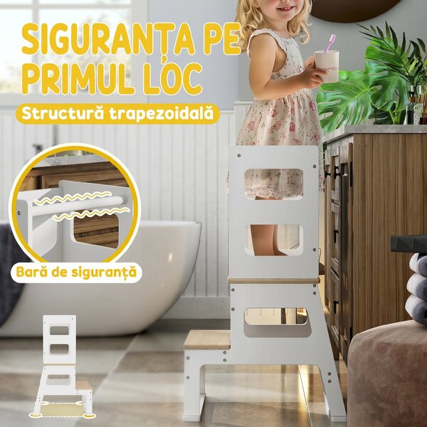AIYAPLAY Turn de Învățare pentru Copii 3-6 Ani cu Tablă și Balustradă de Siguranță, 55x52,5x87,5 cm, Alb | Aosom Romania