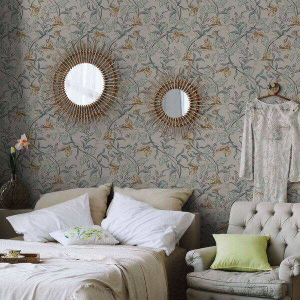 Tapet Flori vintage cu frunze albastre pe fond crem, Tapet flori, a00717 : Uwalls.ro