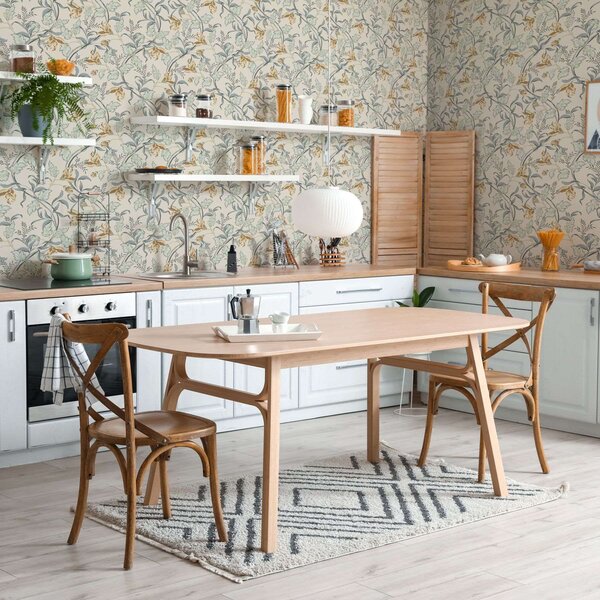 Tapet Flori vintage cu frunze albastre pe fond crem, Tapet flori, a00717 : Uwalls.ro