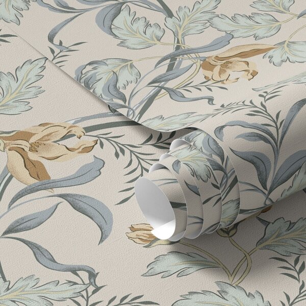Tapet Flori vintage cu frunze albastre pe fond crem, Tapet flori, a00717 : Uwalls.ro