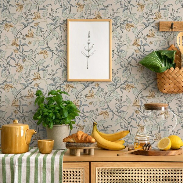 Tapet Flori vintage cu frunze albastre pe fond crem, Tapet flori, a00717 : Uwalls.ro