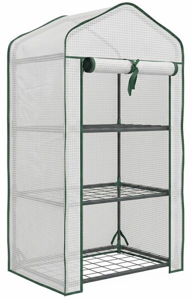Outsunny Mini Seră pe 3 Nivele cu Acoperiș PE Întărit, Seră Portabilă cu Ușă Rulantă și Rafturi din Sârmă, 59x39x127 cm, Alb | Aosom Romania