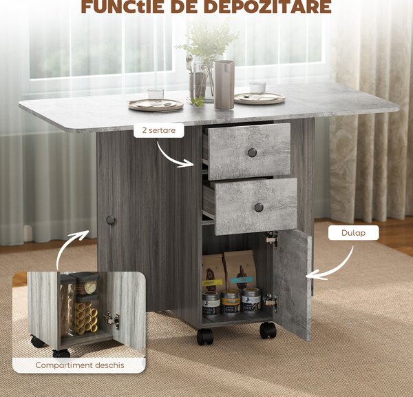 HOMCOM Masă Rabatabilă pentru Maxim 6 Persoane cu 2 Sertare, Dulap și Raft Posterior, 120x60x76.5 cm, Alb | Aosom Romania