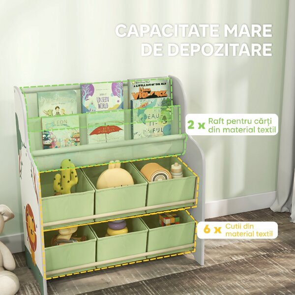 AIYAPLAY Raft Suport pentru Jucării cu 6 Sertare și Bibliotecă cu 2 Niveluri Verde | Aosom Romania