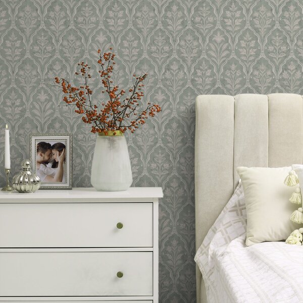Tapet Damasc mentolat cu medalioane florale fine, Tapet flori, a00741 : Uwalls.ro