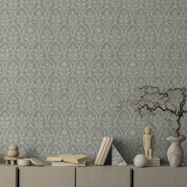 Tapet Damasc mentolat cu medalioane florale fine, Tapet flori, a00741 : Uwalls.ro