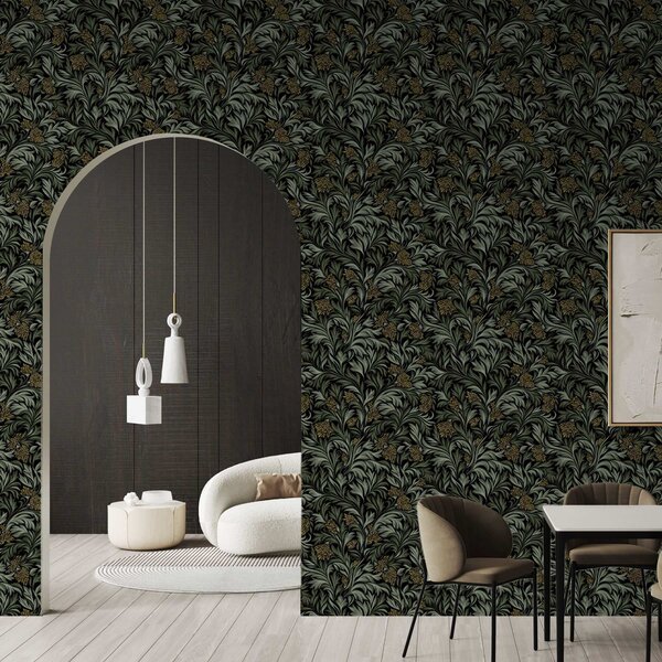 Tapet Frunze de acant negre cu conuri galbene pe fond negru, Tapet flori, a00745 : Uwalls.ro