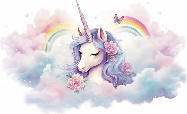 Tapet Unicorn pastelat în nori cu curcubeu și trandafiri, Fototapet Pentru Copii, Fototapet Unicorni, w03990 : Uwalls.ro