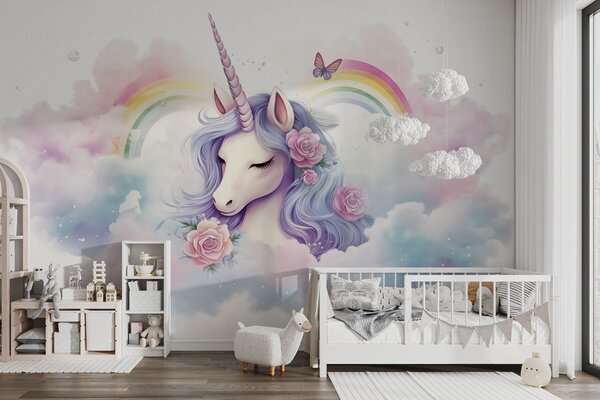 Tapet Unicorn pastelat în nori cu curcubeu și trandafiri, Fototapet Pentru Copii, Fototapet Unicorni, w03990 : Uwalls.ro