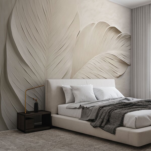 Tapet Frunze bej în relief cu umbre delicate, Fototapet Natură, Fototapet Frunze, w04614 : Uwalls.ro