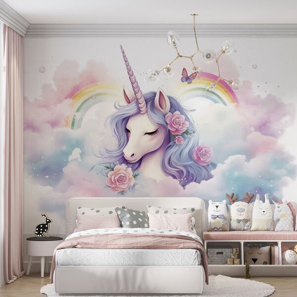 Tapet Unicorn pastelat în nori cu curcubeu și trandafiri, Fototapet Pentru Copii, Fototapet Unicorni, w03990 : Uwalls.ro