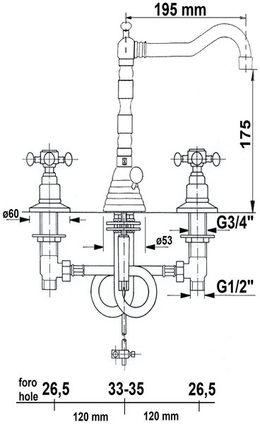 Sapho Antea baterie lavoar stativ alamă/bronz antic 3226