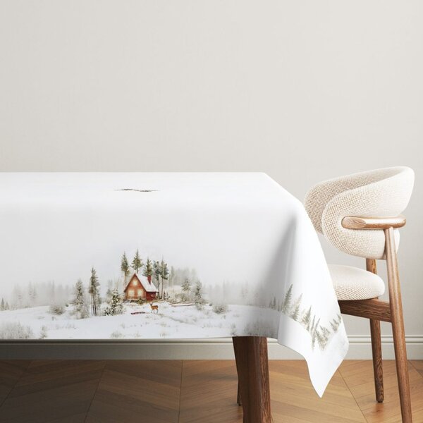Fata de masa Craciun cu cabana si peisaj de iarna, bumbac 100% 140x180cm, Glow