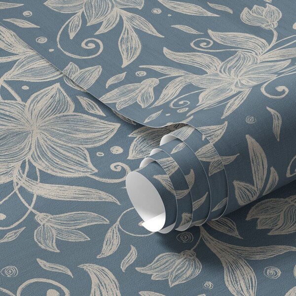 Tapet Flori crem liniare pe fond albastru, volute delicate, Tapet flori, a00630 : Uwalls.ro