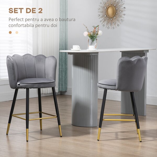 HOMCOM Set de 2 Scaune de Bar Elegante, Înalte cu Spătar, Bază din Oțel Stabil, Gri Carbune, pentru Bucătărie | Aosom Romania