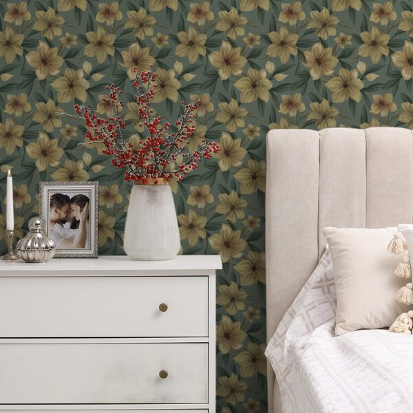 Tapet Flori ocru pe un fundal verde intens, model dens, Tapet flori, a00628 : Uwalls.ro