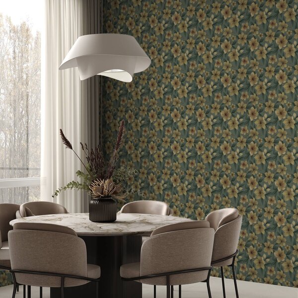 Tapet Flori ocru pe un fundal verde intens, model dens, Tapet flori, a00628 : Uwalls.ro