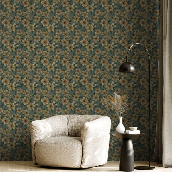 Tapet Flori ocru pe un fundal verde intens, model dens, Tapet flori, a00628 : Uwalls.ro