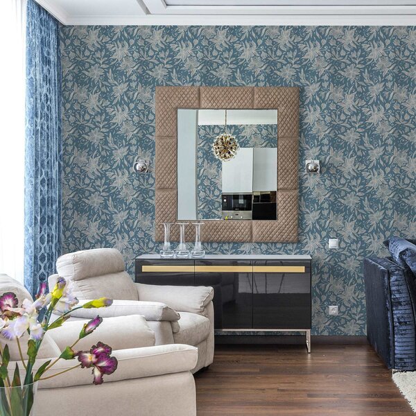 Tapet Flori crem liniare pe fond albastru, volute delicate, Tapet flori, a00630 : Uwalls.ro