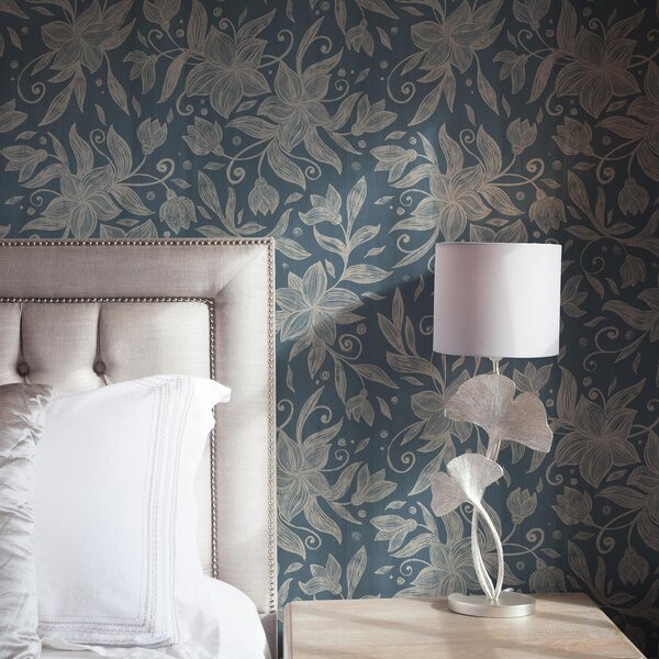 Tapet Flori crem liniare pe fond albastru, volute delicate, Tapet flori, a00630 : Uwalls.ro