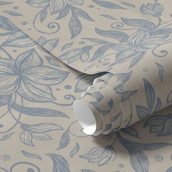 Tapet Model floral liniar albastru pe fond bej cald, Tapet flori, a00630v2 : Uwalls.ro