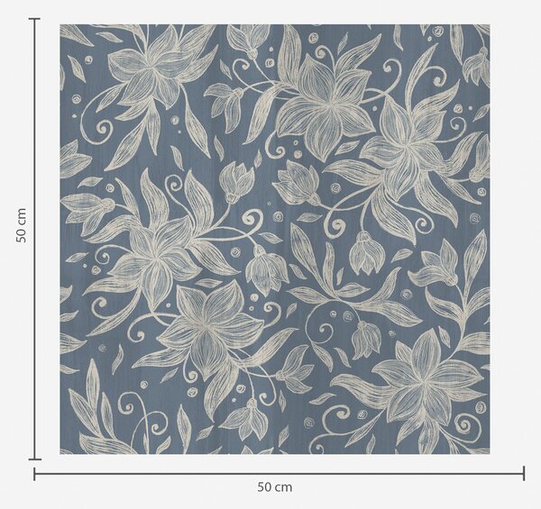 Tapet Flori crem liniare pe fond albastru, volute delicate, Tapet flori, a00630 : Uwalls.ro