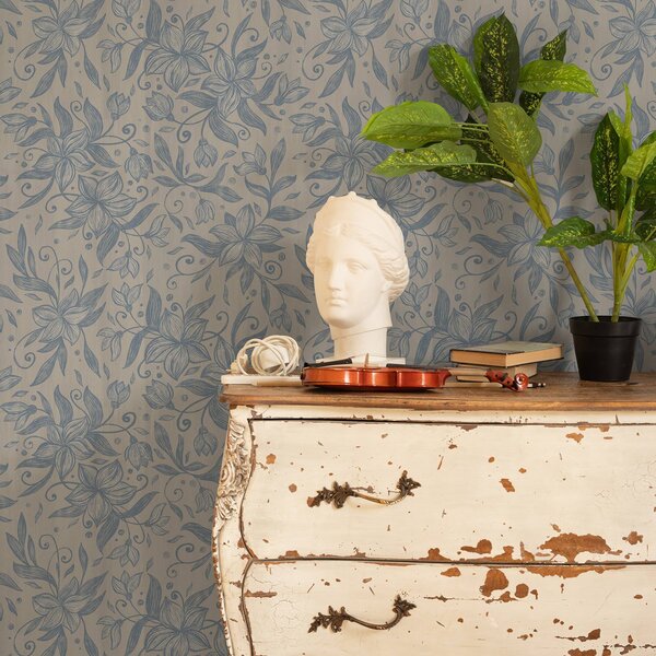 Tapet Model floral liniar albastru pe fond bej cald, Tapet flori, a00630v2 : Uwalls.ro