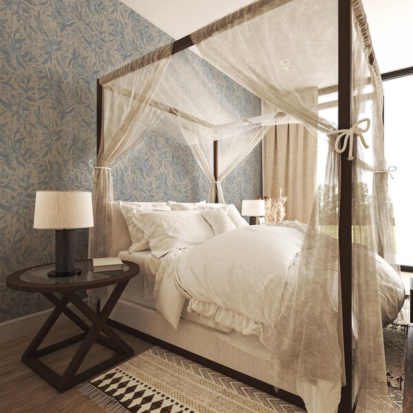 Tapet Model floral liniar albastru pe fond bej cald, Tapet flori, a00630v2 : Uwalls.ro