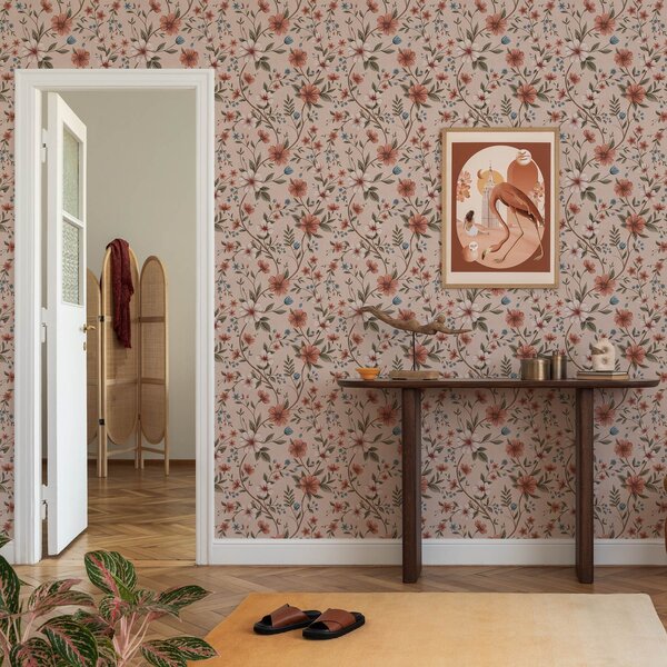 Tapet Flori și frunze de culoare roz-coral pe fond roz prăfuit, Tapet flori, a00667 : Uwalls.ro