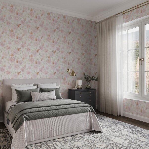 Tapet Bujori și frunze în culori pastelate delicate pe fond alb, Tapet flori, a00669 : Uwalls.ro