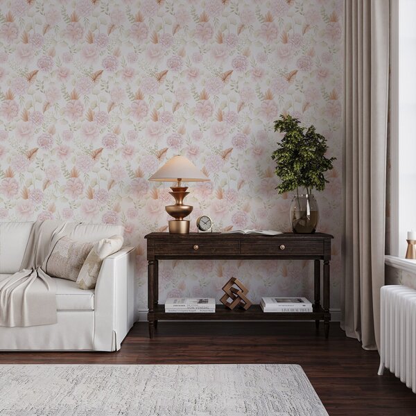 Tapet Bujori și frunze în culori pastelate delicate pe fond alb, Tapet flori, a00669 : Uwalls.ro