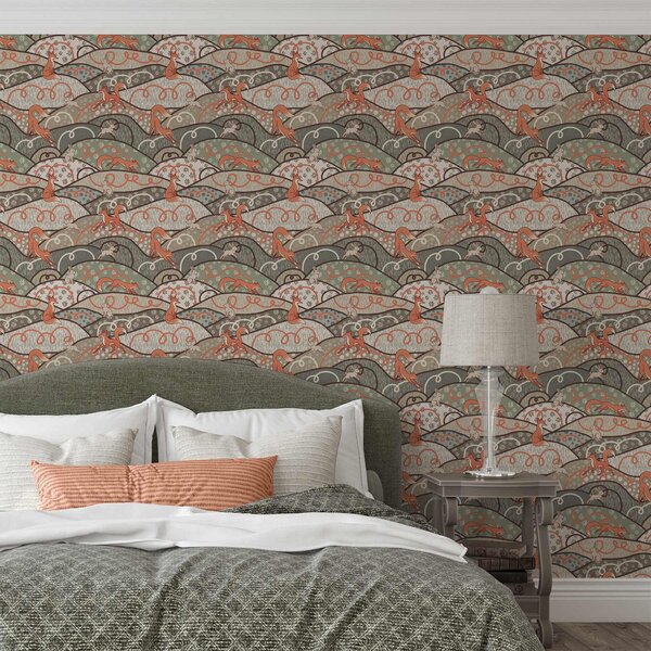 Tapet Vulpi și iepuri pe dealuri ondulate, model retro, Tapet modern, a00690 : Uwalls.ro