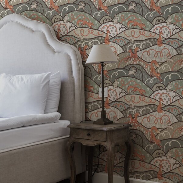 Tapet Vulpi și iepuri pe dealuri ondulate, model retro, Tapet modern, a00690 : Uwalls.ro