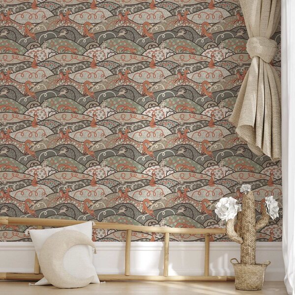 Tapet Vulpi și iepuri pe dealuri ondulate, model retro, Tapet modern, a00690 : Uwalls.ro
