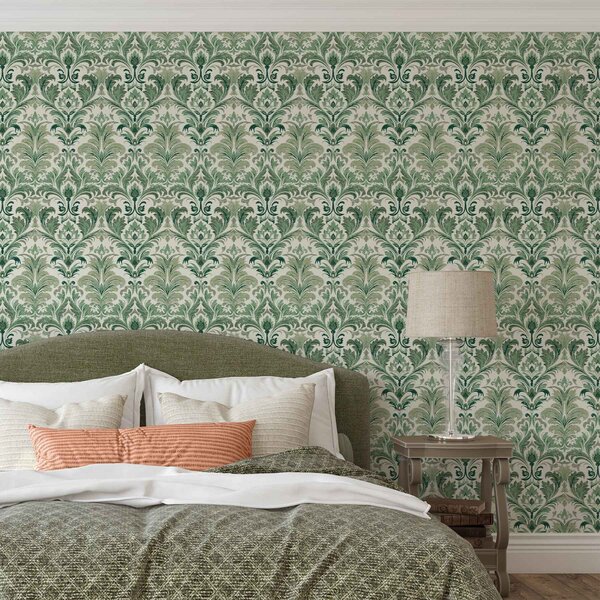 Tapet Damasc verde cu textură în relief pe un fundal deschis, Tapet stil oriental, a00692 : Uwalls.ro