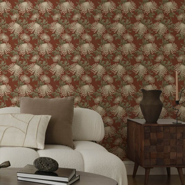 Tapet Crizanteme crem pe fundal teracotă, stil asiatic, Tapet flori, a00693 : Uwalls.ro