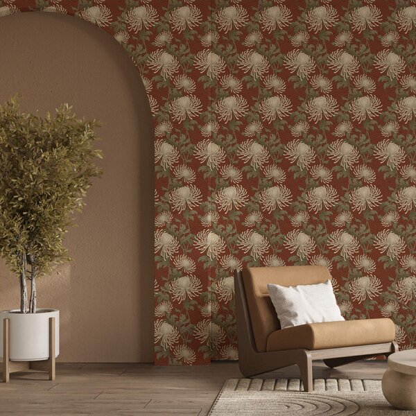 Tapet Crizanteme crem pe fundal teracotă, stil asiatic, Tapet flori, a00693 : Uwalls.ro
