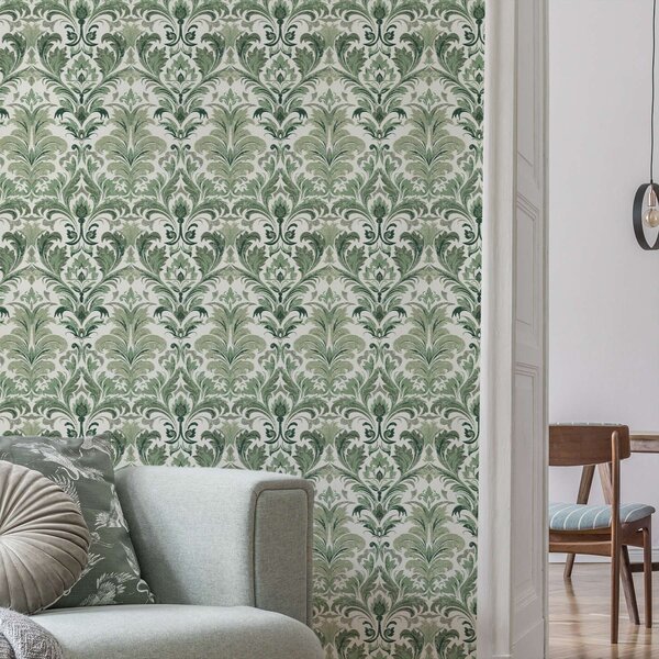 Tapet Damasc verde cu textură în relief pe un fundal deschis, Tapet stil oriental, a00692 : Uwalls.ro