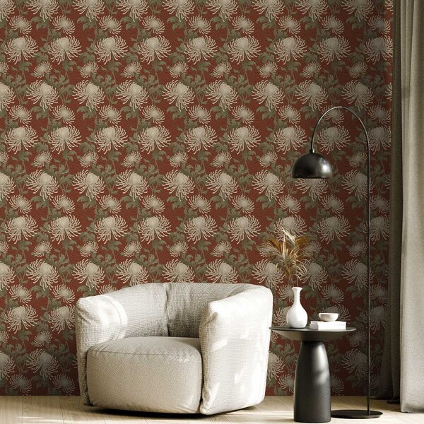 Tapet Crizanteme crem pe fundal teracotă, stil asiatic, Tapet flori, a00693 : Uwalls.ro