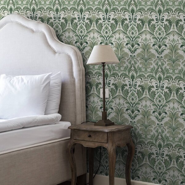 Tapet Damasc verde cu textură în relief pe un fundal deschis, Tapet stil oriental, a00692 : Uwalls.ro