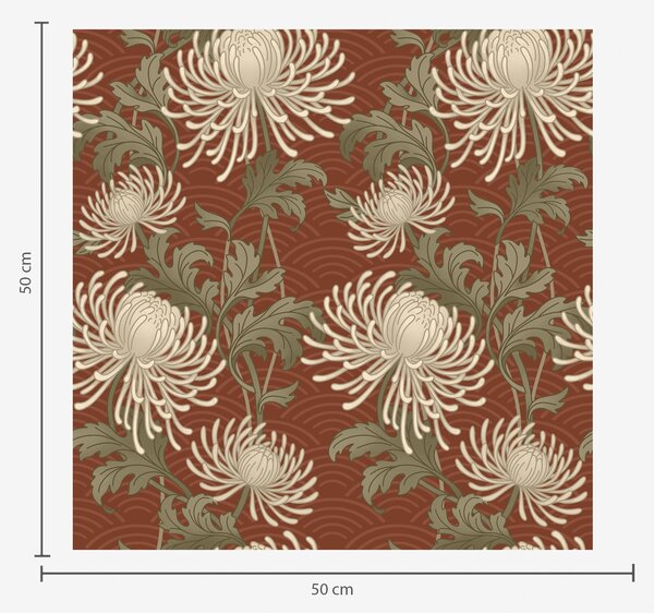 Tapet Crizanteme crem pe fundal teracotă, stil asiatic, Tapet flori, a00693 : Uwalls.ro